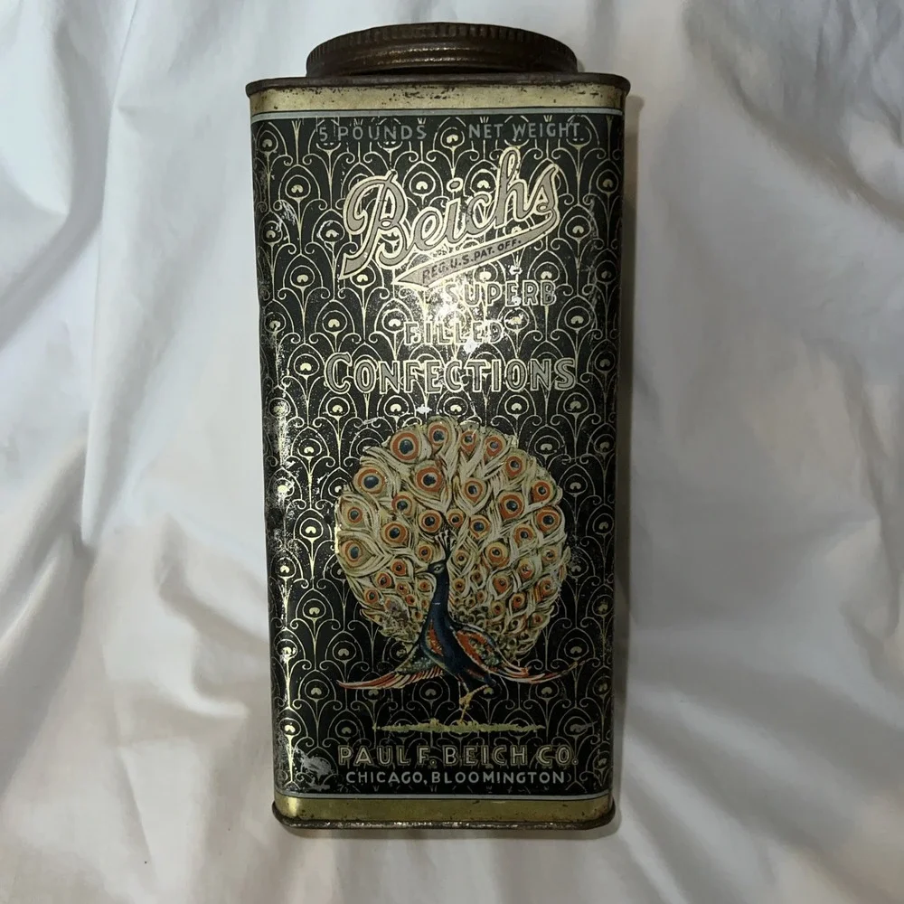 Vintage Metal Antique Advertising Tin Beichs Candy Confections Chicago peacock